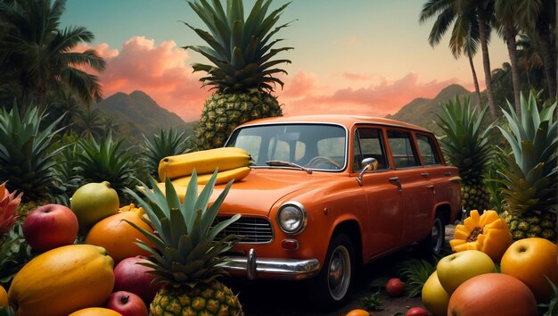 Photo tropical journey vintage car amidst lush fruits and scenery background