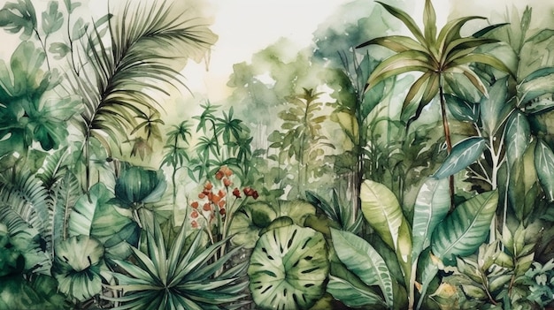 Premium AI Image | Tropical jungle background Watercolor painting ...