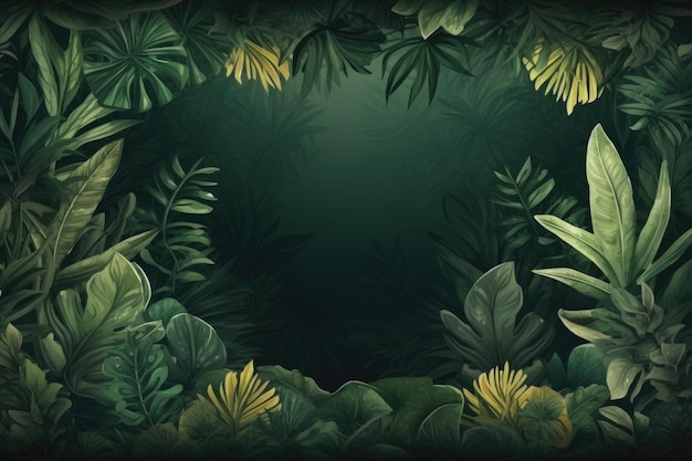 Tropical jungle background with green leaves and flowers illustration Beautiful jungle background with border made of tropical leaves AI Generated