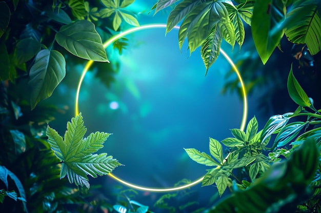 Tropical jungle background with green leaves and neon circle