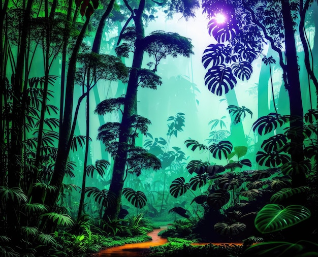 tropical jungle in a beautiful forest at sunset the concept of the night landscape in the sky