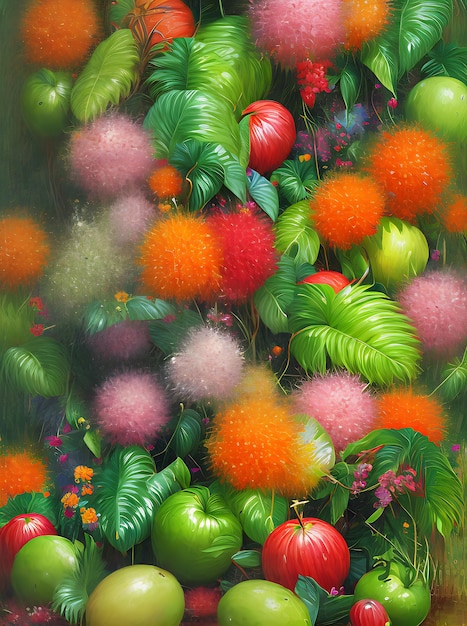 Tropical jungle fruit drawing with neon flowers