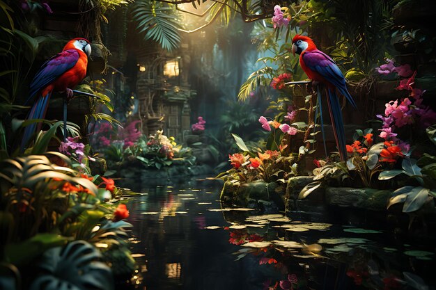 Tropical Jungle Lagoon Oasis With Soaring Birds of Paradise Beauty Frame Photo Scene Social Post