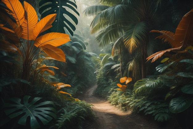 Photo tropical jungle path in the misty forest generative ai