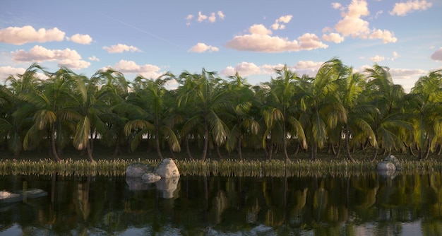 tropical jungle on the river bank 3D illustration cg render