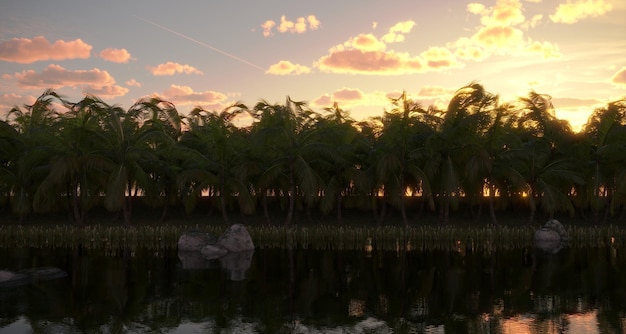 tropical jungle on the river bank 3D illustration cg render