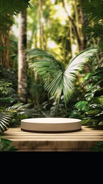 A tropical jungle scene with a white round plate on a wooden platform.