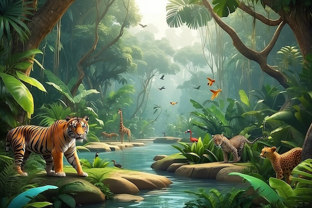 Tropical jungle with animals photo realistic vector background