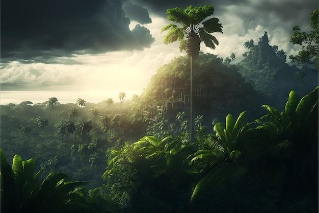 A tropical jungle with a palm tree in the foreground