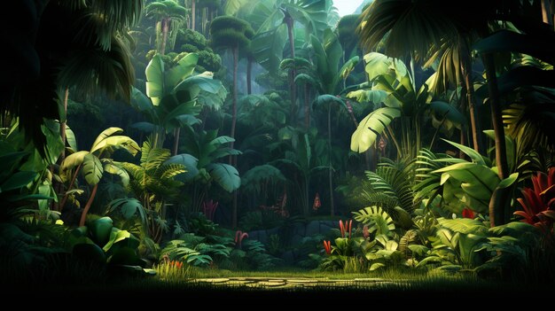 тропические джунгли с растениями и деревьями