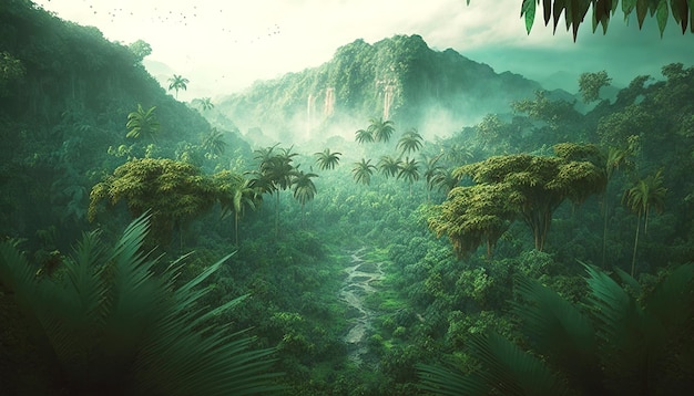 Тропические джунгли с рекой Зеленые пейзажи райского леса Генеративный AI