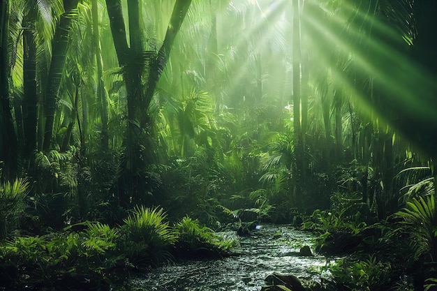 Tropical jungle with river and sun beam