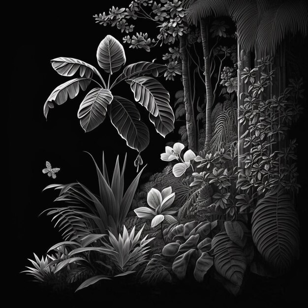 Tropical jungle with trees flower black white vector illustration image AI generated art