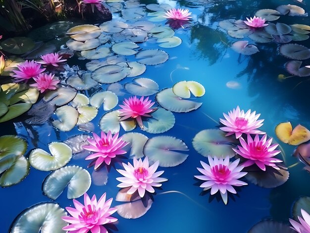 Tropical lagoon water oasis with lotuses and water hyacinths beauty frame photo scene social post