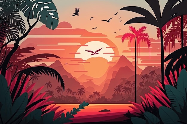 Tropical landscape at dawn in cartoon style Jungle travel Generative AI