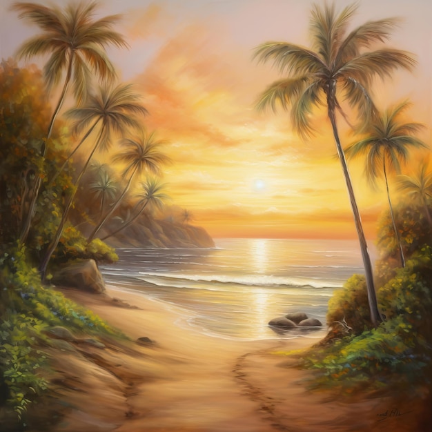 Tropical landscape showing sea illustration of generated ai tropical landscape showing sea