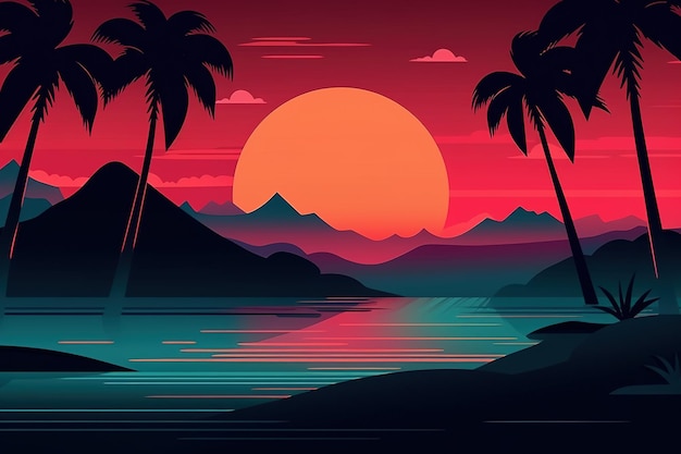 a tropical landscape at sunset complete with palm palms and mountains in the distance