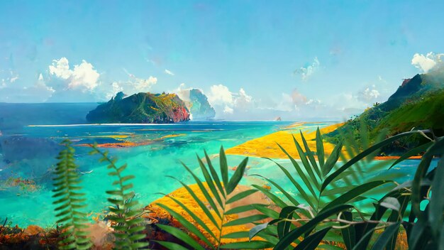Photo tropical landscape ,turquoise sea water blue bright sky and mountains on horizon palm trees
