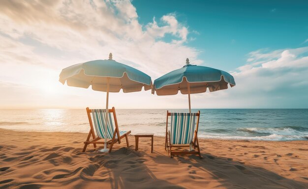 Tropical landscape with beach chairs and umbrella beach and sea in the background Generative AI