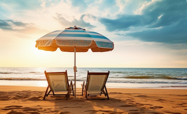 Tropical landscape with beach chairs and umbrella beach and sea in the background Generative AI