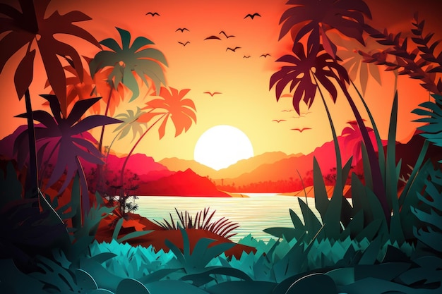 Tropical landscape with a lake and palm trees.