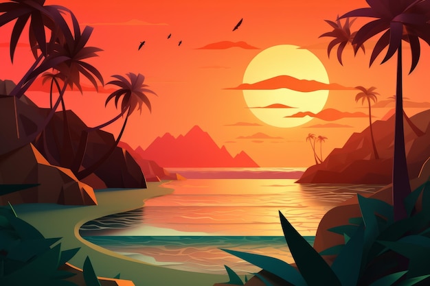 A tropical landscape with mountains and a sunset in the background.