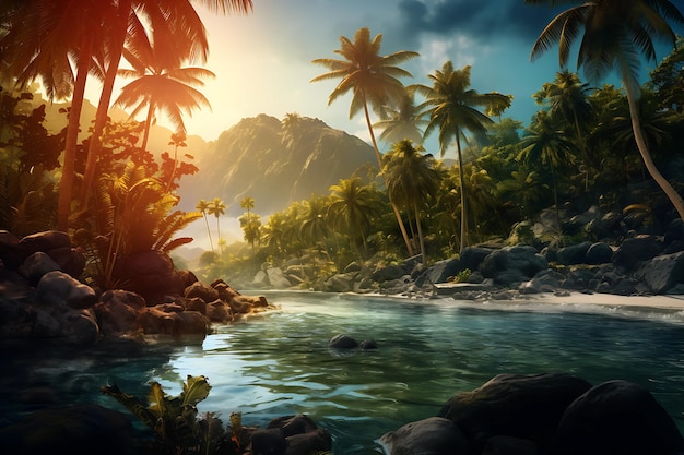 A tropical landscape with palm trees and coconuts