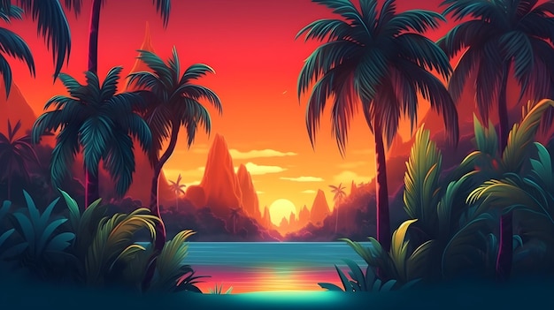 A tropical landscape with palm trees and the sun setting.