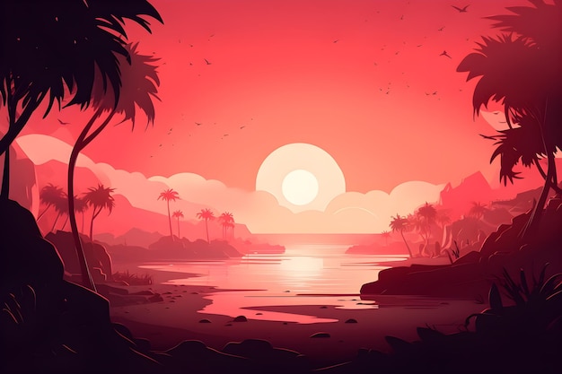 A tropical landscape with palm trees and a sunset.