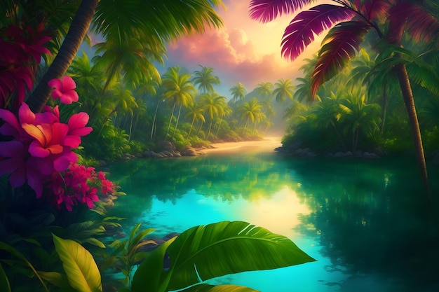 Tropical landscape with a river and palm trees generated ai