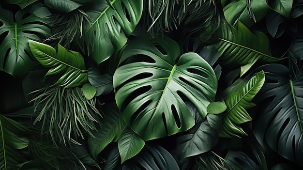 Tropical leaf Closeup nature view of green leaf and nature background Flat lay Dark nature Concept