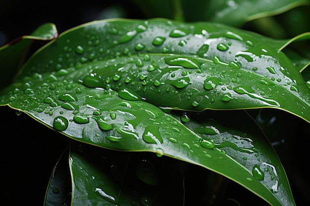Тропический лист лист в темно-зеленом с каплей дождевой воды в текстуре абстрактный генеративный IA