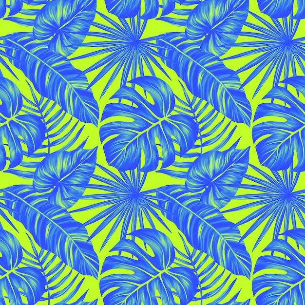 Foto modello senza cuciture foglia tropicale stampa vivida colorata con bellissime foglie della giungla di palme design di lusso ripetuto per il confezionamento di carta da parati tessile di moda cosmetica illustrazione realistica di alta qualità