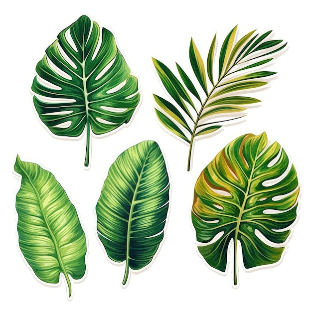 tropical leaf set sticker on white background