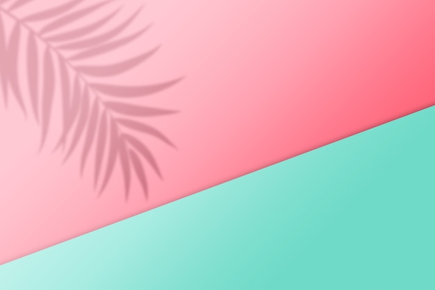 Tropical leaf shadow on half mint and half pink background