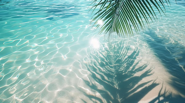 Tropical leaf shadow on water surface Shadow of palm leaves on white sand beach