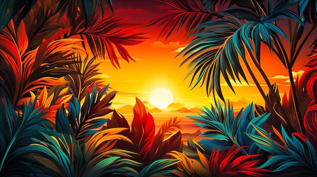 Tropical leaf silhouettes against a sunset hue