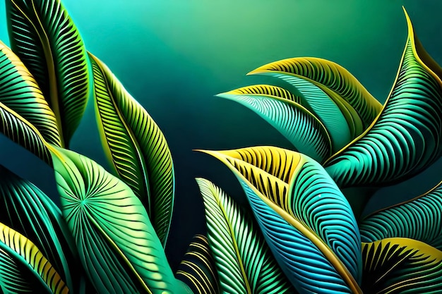 A tropical leaf wallpaper that is green and blue.