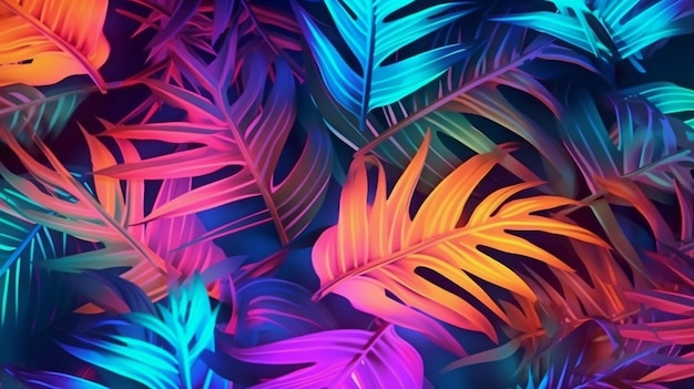 Тропические листья используются для создания красочного светящегося узора Generative AI Flat Lay Neon Colors