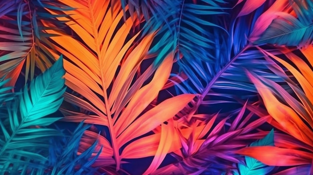 Тропические листья используются для создания красочного светящегося узора Generative AI Flat Lay Neon Colors