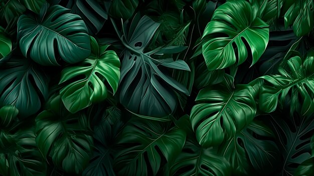 Tropical leaves background banner with green floral pattern Generative AI illustration