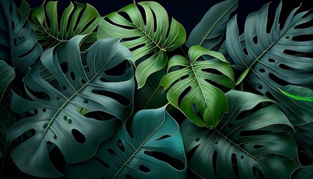 Foto sfondo di foglie tropicali foglie realistiche di monstera ai generative