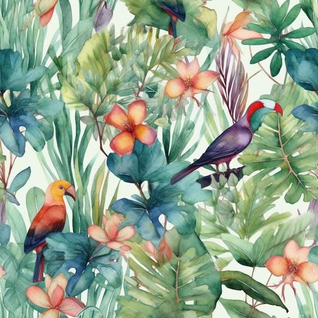 Tropical leaves and birds on a white background.