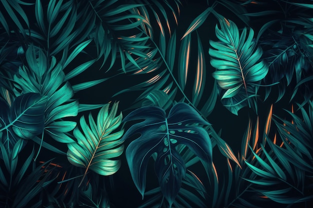 Tropical leaves on a black background.