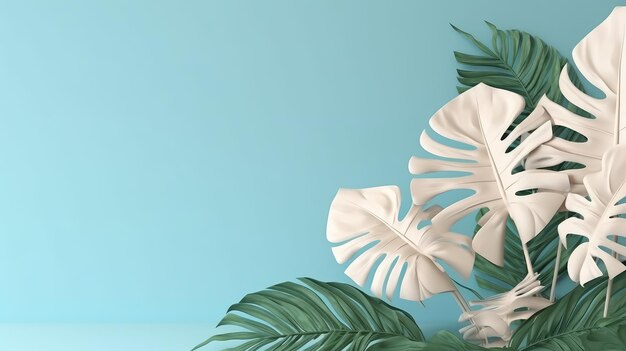 Tropical leaves on a blue background