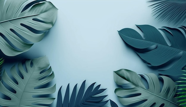 Tropical leaves on a blue background