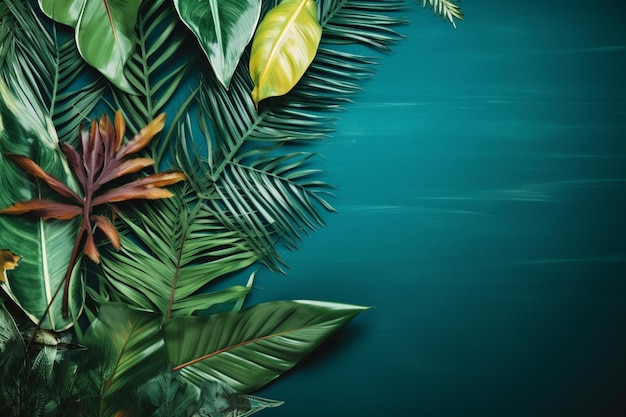 Tropical leaves on a blue background