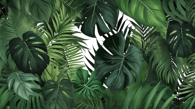 Tropical leaves border with monstera and palm leaf isolated design element