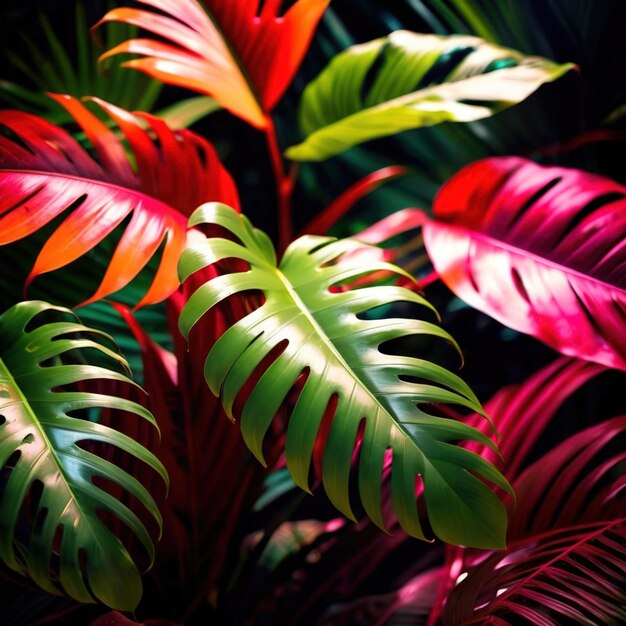 Photo tropical leaves in bright neon color with black background abstract texture wallpaper