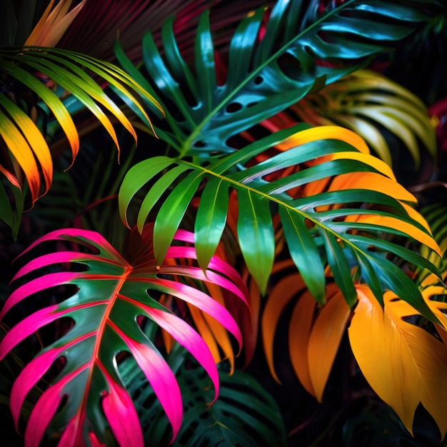 Tropical leaves in bright neon color with black background abstract texture wallpaper